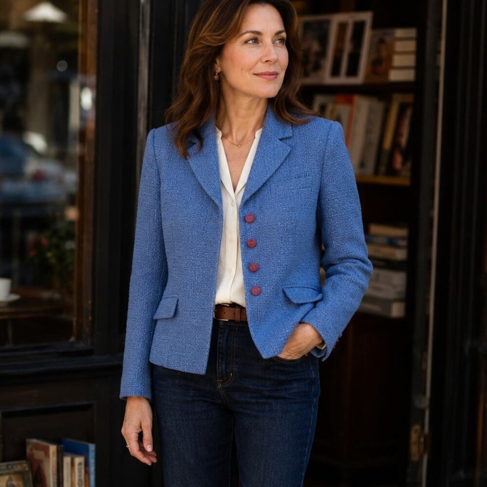 Vintage 80s Morgan Miller Blue Tweed Blazer Jacket Size 12 Made USA Preppy